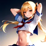 1girl Arms Up Arms Behind Head Blonde Hair Blue Skirt Bow Crop Top Crop Top Overhang Genshin Impact Gradient Background, 1190938602