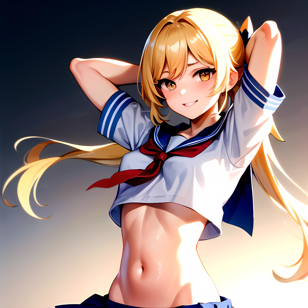 1girl Arms Up Arms Behind Head Blonde Hair Blue Skirt Bow Crop Top Crop Top  Overhang Genshin Impact Gradient Background, 1190938602 - AI Hentai