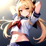 1girl Arms Up Arms Behind Head Blonde Hair Blue Skirt Bow Crop Top Crop Top Overhang Genshin Impact Gradient Background, 1230887452