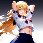 1girl Arms Up Arms Behind Head Blonde Hair Blue Skirt Bow Crop Top Crop Top Overhang Genshin Impact Gradient Background, 1238648769