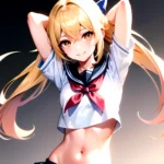 1girl Arms Up Arms Behind Head Blonde Hair Blue Skirt Bow Crop Top Crop Top Overhang Genshin Impact Gradient Background, 1297770348