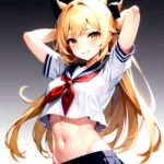 1girl Arms Up Arms Behind Head Blonde Hair Blue Skirt Bow Crop Top Crop Top Overhang Genshin Impact Gradient Background, 1350849092