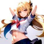 1girl Arms Up Arms Behind Head Blonde Hair Blue Skirt Bow Crop Top Crop Top Overhang Genshin Impact Gradient Background, 1364771083