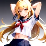 1girl Arms Up Arms Behind Head Blonde Hair Blue Skirt Bow Crop Top Crop Top Overhang Genshin Impact Gradient Background, 1414397065