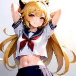 1girl Arms Up Arms Behind Head Blonde Hair Blue Skirt Bow Crop Top Crop Top Overhang Genshin Impact Gradient Background, 1553360436