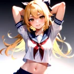 1girl Arms Up Arms Behind Head Blonde Hair Blue Skirt Bow Crop Top Crop Top Overhang Genshin Impact Gradient Background, 2054834750