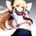 1girl Arms Up Arms Behind Head Blonde Hair Blue Skirt Bow Crop Top Crop Top Overhang Genshin Impact Gradient Background, 2095675055