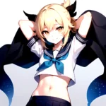 1girl Arms Up Arms Behind Head Blonde Hair Blue Skirt Bow Crop Top Crop Top Overhang Genshin Impact Gradient Background, 2171232049