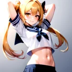 1girl Arms Up Arms Behind Head Blonde Hair Blue Skirt Bow Crop Top Crop Top Overhang Genshin Impact Gradient Background, 2223782092