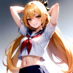 1girl Arms Up Arms Behind Head Blonde Hair Blue Skirt Bow Crop Top Crop Top Overhang Genshin Impact Gradient Background, 2322424126