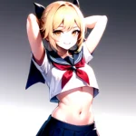 1girl Arms Up Arms Behind Head Blonde Hair Blue Skirt Bow Crop Top Crop Top Overhang Genshin Impact Gradient Background, 2489401241