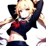 1girl Arms Up Arms Behind Head Blonde Hair Blue Skirt Bow Crop Top Crop Top Overhang Genshin Impact Gradient Background, 2523477204