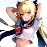 1girl Arms Up Arms Behind Head Blonde Hair Blue Skirt Bow Crop Top Crop Top Overhang Genshin Impact Gradient Background, 2584086199