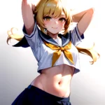 1girl Arms Up Arms Behind Head Blonde Hair Blue Skirt Bow Crop Top Crop Top Overhang Genshin Impact Gradient Background, 2590537521