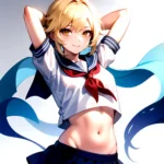 1girl Arms Up Arms Behind Head Blonde Hair Blue Skirt Bow Crop Top Crop Top Overhang Genshin Impact Gradient Background, 2634806044