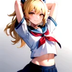 1girl Arms Up Arms Behind Head Blonde Hair Blue Skirt Bow Crop Top Crop Top Overhang Genshin Impact Gradient Background, 290291697