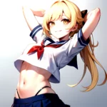 1girl Arms Up Arms Behind Head Blonde Hair Blue Skirt Bow Crop Top Crop Top Overhang Genshin Impact Gradient Background, 2926828277