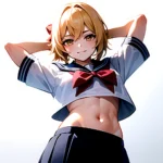 1girl Arms Up Arms Behind Head Blonde Hair Blue Skirt Bow Crop Top Crop Top Overhang Genshin Impact Gradient Background, 2967049648