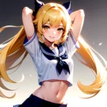 1girl Arms Up Arms Behind Head Blonde Hair Blue Skirt Bow Crop Top Crop Top Overhang Genshin Impact Gradient Background, 3154062066