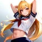 1girl Arms Up Arms Behind Head Blonde Hair Blue Skirt Bow Crop Top Crop Top Overhang Genshin Impact Gradient Background, 3223118557