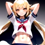 1girl Arms Up Arms Behind Head Blonde Hair Blue Skirt Bow Crop Top Crop Top Overhang Genshin Impact Gradient Background, 345568930