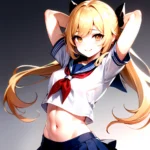 1girl Arms Up Arms Behind Head Blonde Hair Blue Skirt Bow Crop Top Crop Top Overhang Genshin Impact Gradient Background, 3464662063