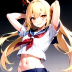 1girl Arms Up Arms Behind Head Blonde Hair Blue Skirt Bow Crop Top Crop Top Overhang Genshin Impact Gradient Background, 3708820663
