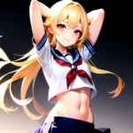 1girl Arms Up Arms Behind Head Blonde Hair Blue Skirt Bow Crop Top Crop Top Overhang Genshin Impact Gradient Background, 3715691555