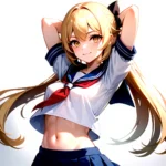 1girl Arms Up Arms Behind Head Blonde Hair Blue Skirt Bow Crop Top Crop Top Overhang Genshin Impact Gradient Background, 3769431827