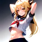1girl Arms Up Arms Behind Head Blonde Hair Blue Skirt Bow Crop Top Crop Top Overhang Genshin Impact Gradient Background, 3949459195