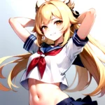 1girl Arms Up Arms Behind Head Blonde Hair Blue Skirt Bow Crop Top Crop Top Overhang Genshin Impact Gradient Background, 3952850561