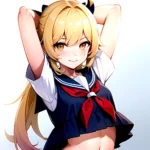 1girl Arms Up Arms Behind Head Blonde Hair Blue Skirt Bow Crop Top Crop Top Overhang Genshin Impact Gradient Background, 4094162759