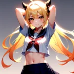 1girl Arms Up Arms Behind Head Blonde Hair Blue Skirt Bow Crop Top Crop Top Overhang Genshin Impact Gradient Background, 4123540741