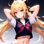 1girl Arms Up Arms Behind Head Blonde Hair Blue Skirt Bow Crop Top Crop Top Overhang Genshin Impact Gradient Background, 4173854614