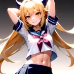 1girl Arms Up Arms Behind Head Blonde Hair Blue Skirt Bow Crop Top Crop Top Overhang Genshin Impact Gradient Background, 4190590673