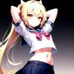1girl Arms Up Arms Behind Head Blonde Hair Blue Skirt Bow Crop Top Crop Top Overhang Genshin Impact Gradient Background, 4228753614