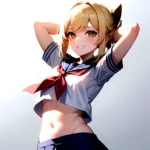 1girl Arms Up Arms Behind Head Blonde Hair Blue Skirt Bow Crop Top Crop Top Overhang Genshin Impact Gradient Background, 512268724