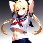 1girl Arms Up Arms Behind Head Blonde Hair Blue Skirt Bow Crop Top Crop Top Overhang Genshin Impact Gradient Background, 52958109