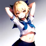 1girl Arms Up Arms Behind Head Blonde Hair Blue Skirt Bow Crop Top Crop Top Overhang Genshin Impact Gradient Background, 614150079