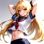 1girl Arms Up Arms Behind Head Blonde Hair Blue Skirt Bow Crop Top Crop Top Overhang Genshin Impact Gradient Background, 934029849