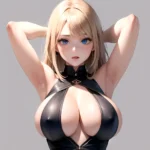 1girl Big Boobs Pov Arms Up Blue Eyes Arms Behind Head Simple Background, 2242902167