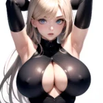 1girl Big Boobs Pov Arms Up Blue Eyes Arms Behind Head Simple Background, 2524948701