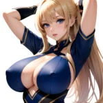 1girl Big Boobs Pov Arms Up Blue Eyes Arms Behind Head Simple Background, 2961090952