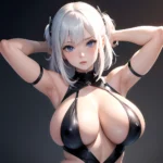 1girl Big Boobs Pov Arms Up Blue Eyes Arms Behind Head Simple Background, 3592528226