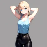 1girl Solo Tank Top Leggings Blue Eyes Standing Fully Clothed Pov Simple Background Arms Behind Head, 186840681