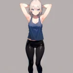 1girl Solo Tank Top Leggings Blue Eyes Standing Fully Clothed Pov Simple Background Arms Behind Head, 3829047634