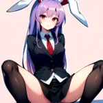 Ai Assisted Breasts Highres Medium Breasts Red Eyes Reisen Udongein Inaba Sitting Spread Legs Touhou Arms Behind Back White Outl, 3269779582