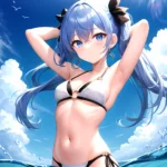 1girl Absurdres Arms Behind Head Bikini Blue Eyes Blue Hair Breasts Closed Mouth Hair Between Eyes Highres Hololive Hoshimachi S, 1591212049
