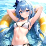 1girl Absurdres Arms Behind Head Bikini Blue Eyes Blue Hair Breasts Closed Mouth Hair Between Eyes Highres Hololive Hoshimachi S, 2904855140