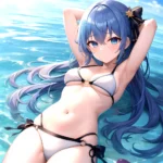 1girl Absurdres Arms Behind Head Bikini Blue Eyes Blue Hair Breasts Closed Mouth Hair Between Eyes Highres Hololive Hoshimachi S, 383338337